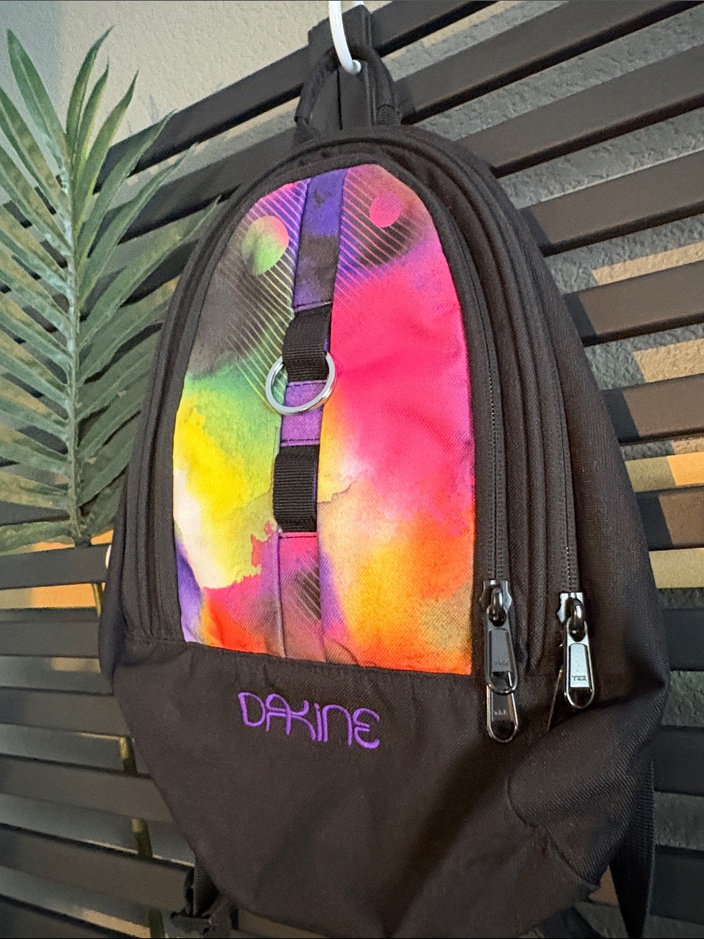 Dakine Black Mini Backpack with Pink, Yellow & Purple Watercolor Panel